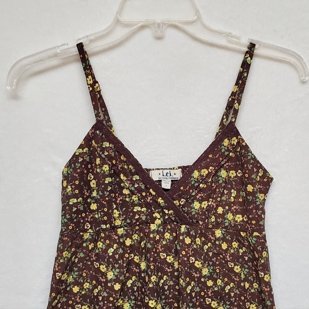 𝅺RETRO Y2K LEI Brown Yellow Ditsy Floral V-neck Pleated Mini Babydoll Dress S - Picture 5 of 14